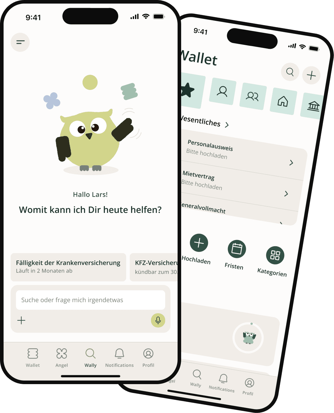 mywally App – Startbildschirm mit Wally und die Wallet-Übersicht